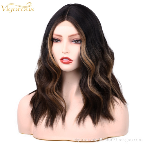 Short cheap price wavy ombre heat resistant vendor wholesale high quality premium curly synthetic lace front wig for black women